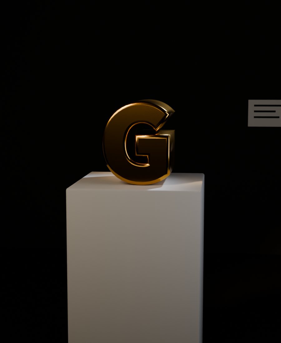 조명 아래 놓인 금빛 G 조각